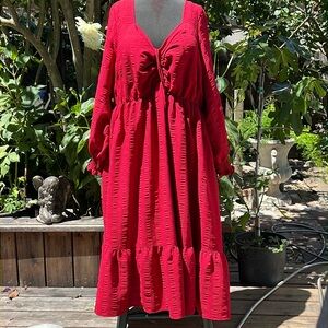 Red Midi Dress Lined Lightweight Long Sleeve Flattering gathered Bust size 4x